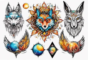 fisch, fuchs und eule , symetrie  sonne, universum, bunt, " sapere aude" tattoo idea
