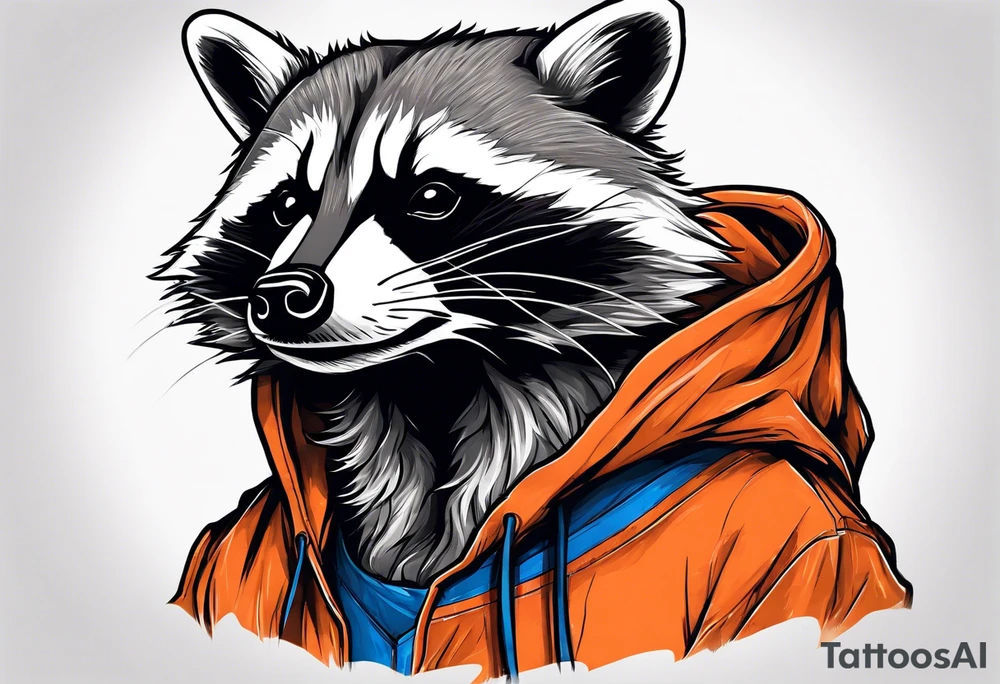 Raccoon wearing an orange Superman hoodie tattoo idea