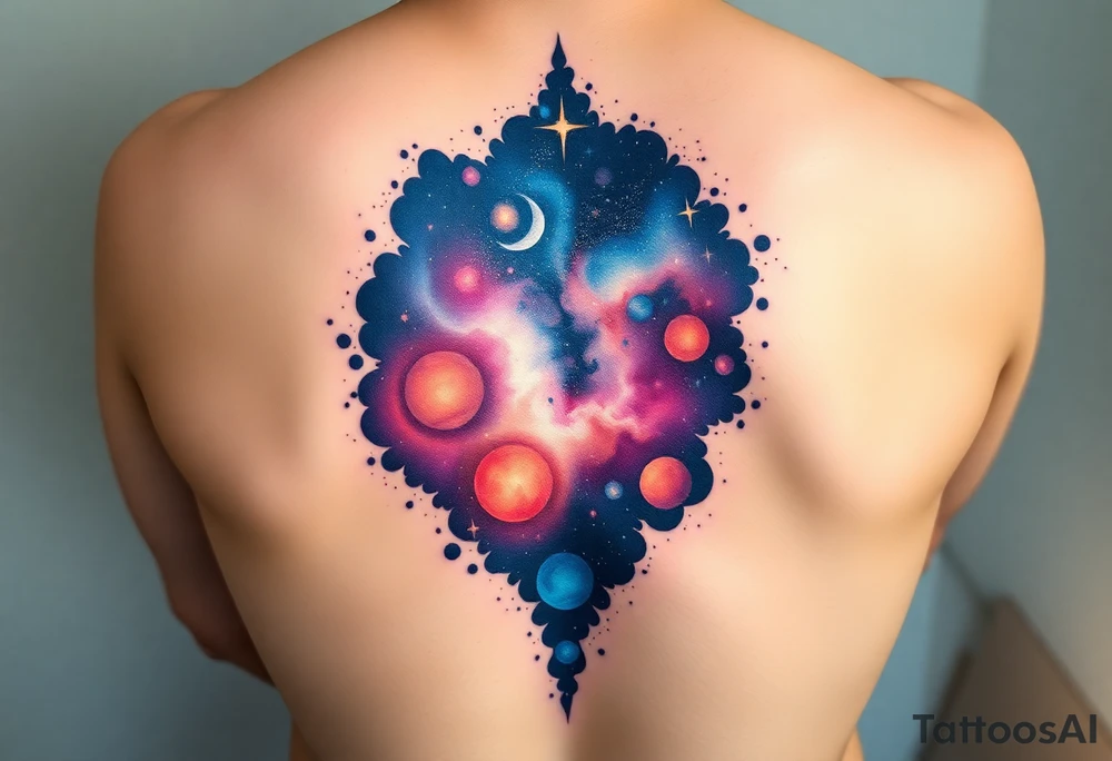 Beautiful and epic 3d milky way that appears to be what is beneath the skin. Make it drape over the shoulder and move to the middle back. use negative spaces to create stars and dust. Incorporate God breathing life into the universe. Keep it symmetrical tattoo idea
