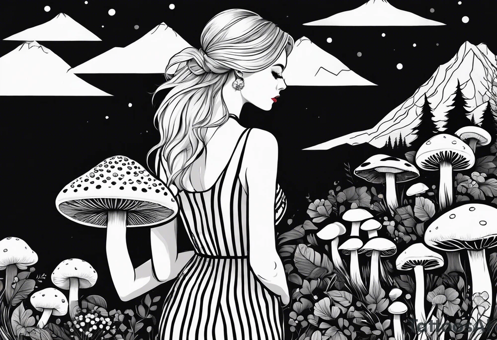 Straight blonde hair girl holding mushrooms in hand facing away toward mountains surrounded by mushrooms circular design black and white striped dress tattoo idea