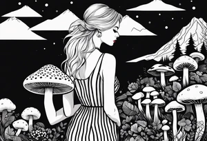 Straight blonde hair girl holding mushrooms in hand facing away toward mountains surrounded by mushrooms circular design black and white striped dress tattoo idea