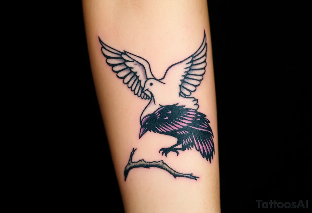 A pure white dove, soaring with soft golden light in its wings, is sharply contrasted with a black raven, its feathers shimmering in deep purples and blacks, perched ominously on a gnarled branch, symbolizing the tension between peace and darkness. tattoo idea