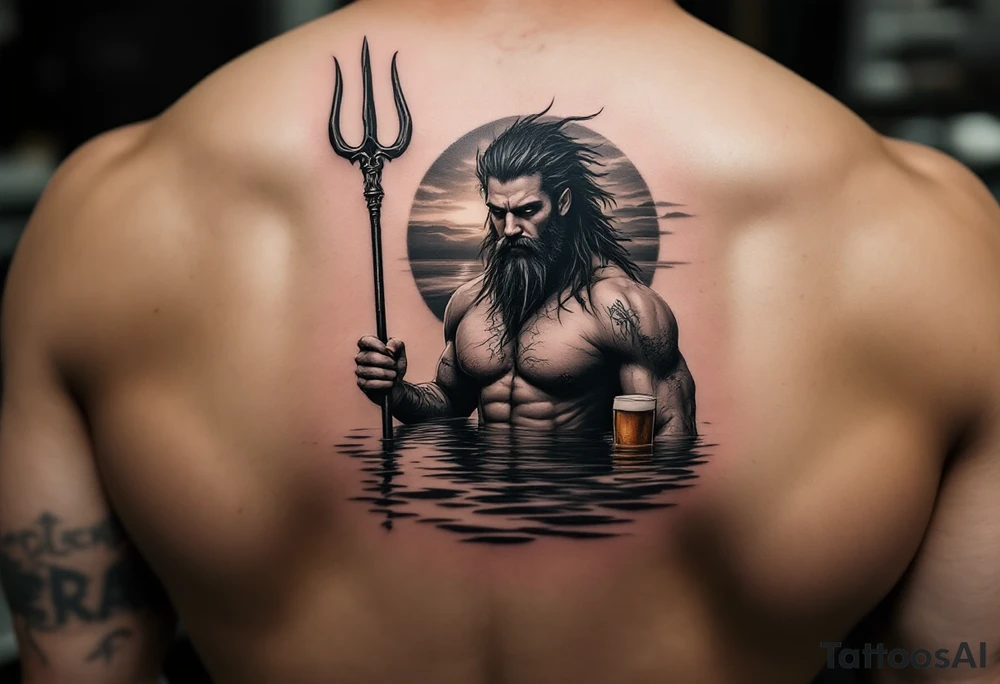 young, fit poseidon in calm water, behind a trident, holding a beer, with sunset tattoo idea
