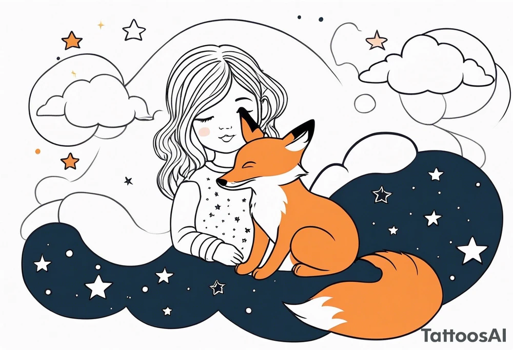 little girl with a fox sitting back on a cloud and look at the stars tattoo idea