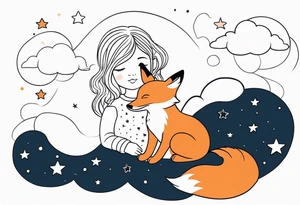 little girl with a fox sitting back on  a cloud and look at the stars tattoo idea