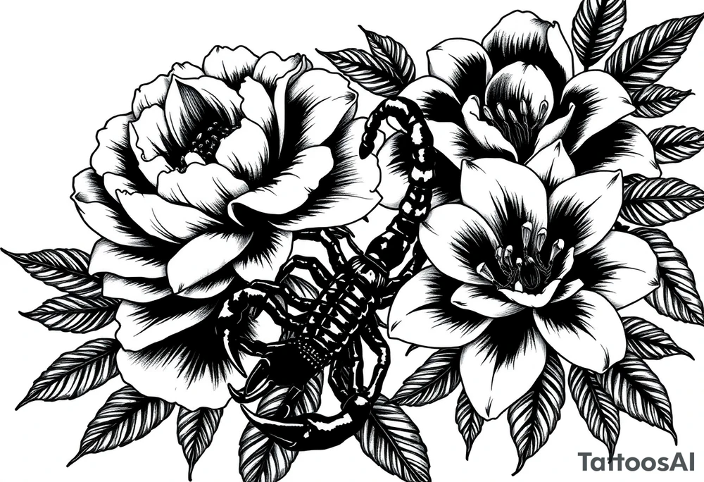peonies and lilies with scorpion tattoo idea