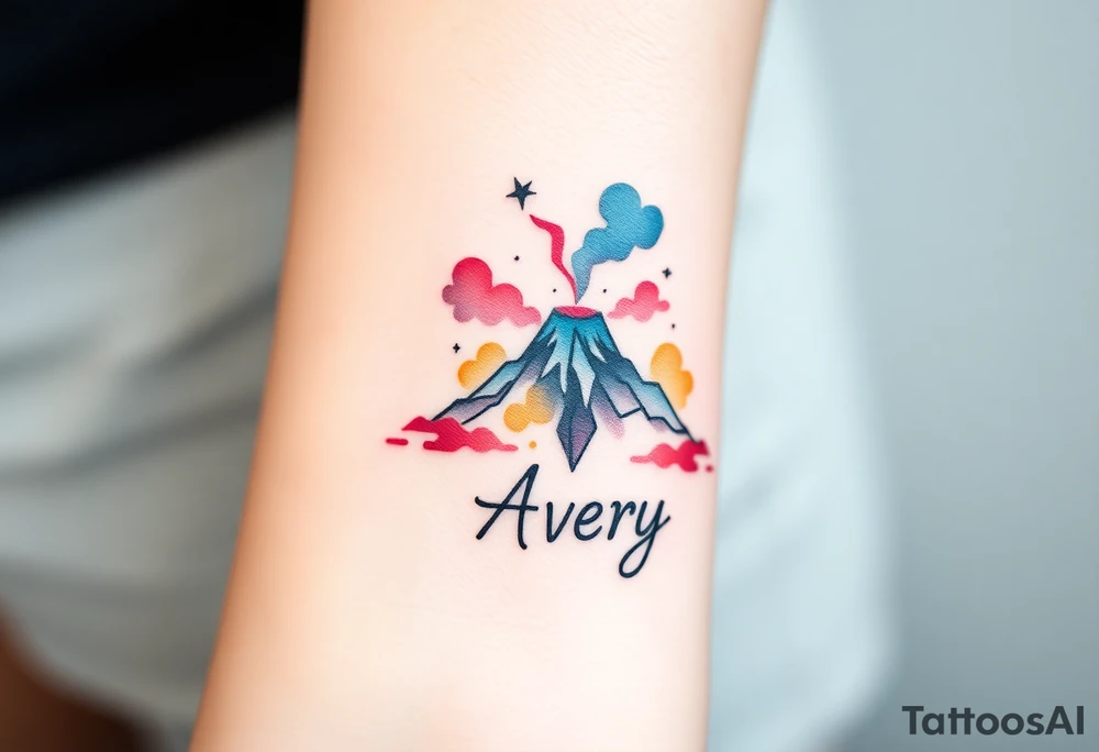 Female Geometric Volcano tattoo erupting in a heart with text Avery tattoo idea