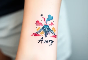 Female Geometric Volcano tattoo erupting in a heart with text Avery tattoo idea