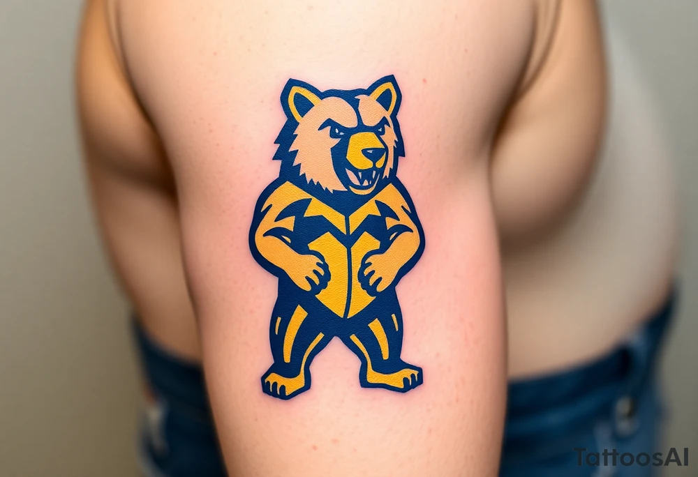 University of Northern Colorado bear mascot  standing on 2 feet with Navy blue and yellow tattoo idea