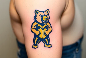 University of Northern Colorado bear mascot  standing on 2 feet with Navy blue and yellow tattoo idea