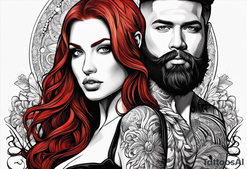 Busty red haired woman with a bearded man who has black hair tattoo idea
