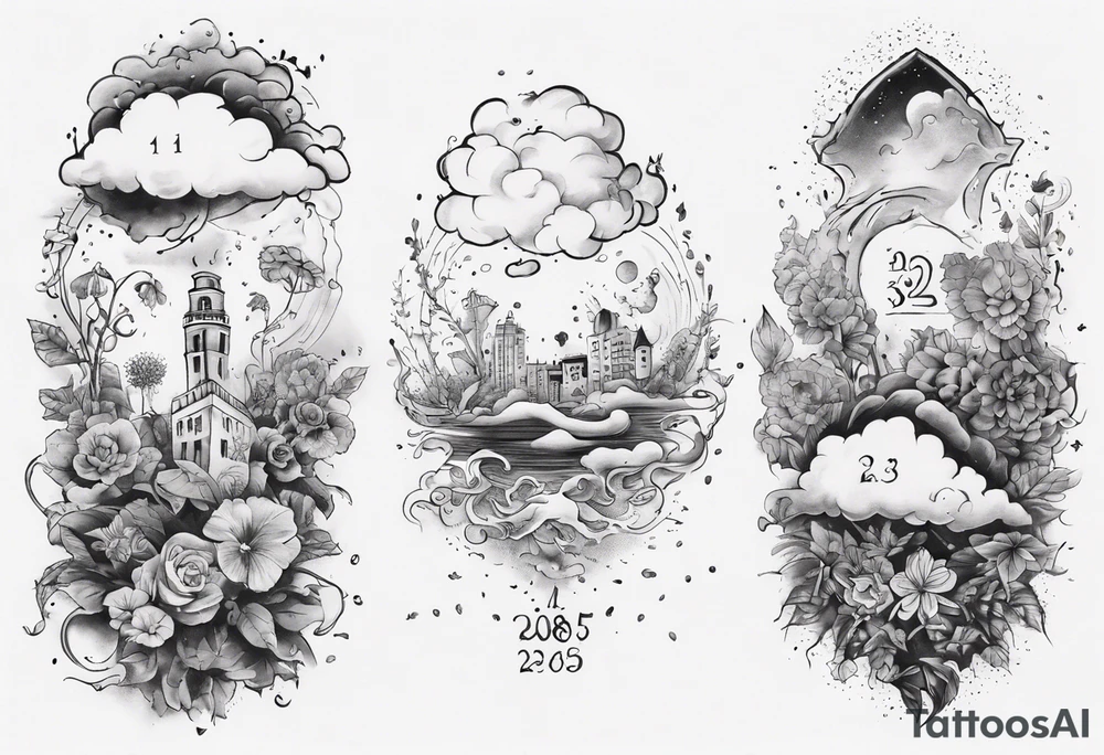 forearm tattoo of a cloud with little plants and the date 12.08.05 tattoo idea