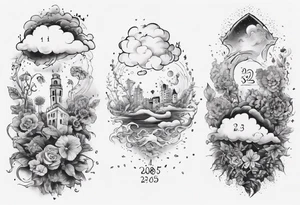 forearm tattoo of a cloud with little plants and the date 12.08.05 tattoo idea