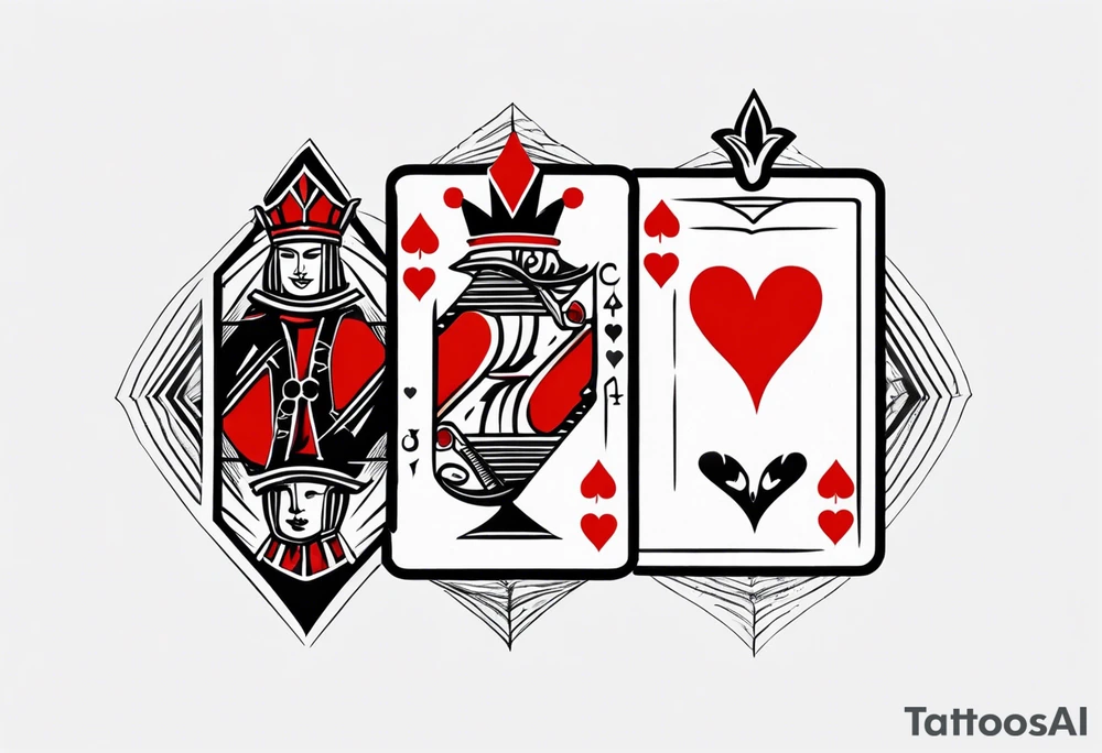 one combined tatto in minimalistic style with icon style three king of spades and icon style one queen of hearts. extreme minimalstic and few lines. much more minimalistic and fewer lines tattoo idea