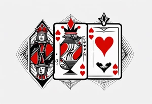one combined tatto in minimalistic style with icon style three king of spades and icon style one queen of hearts. extreme minimalstic and few lines. much more minimalistic and fewer lines tattoo idea