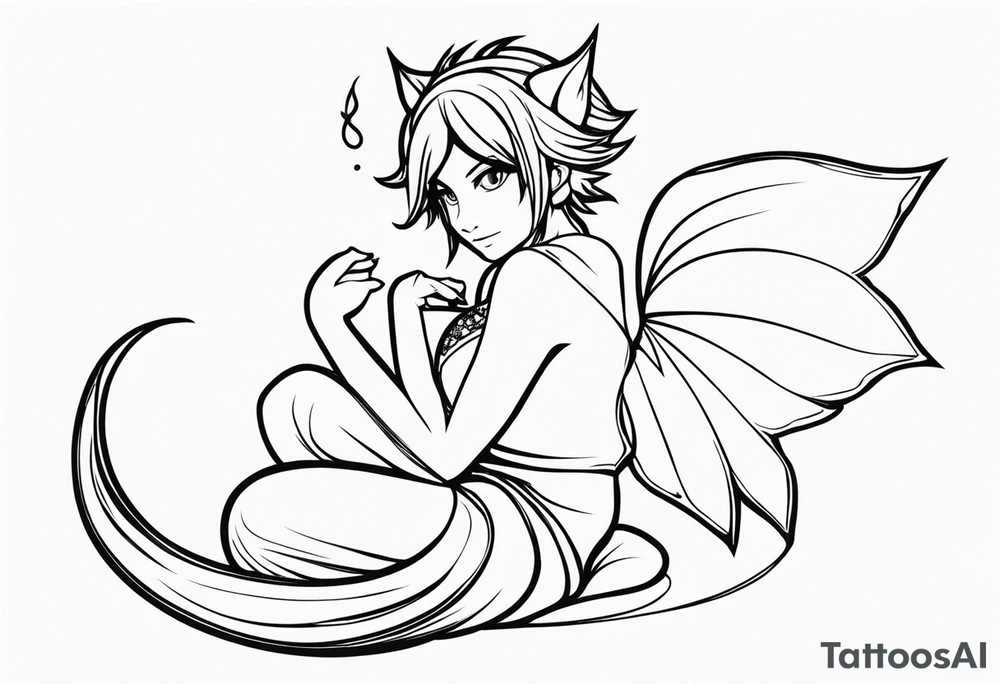 A fairy with a tail inspired by the logo of the show called Fairy Tail in a fetal position leaning in tattoo idea