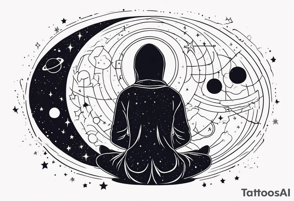 faceless human meditating in space among the stars and blackholes tattoo idea