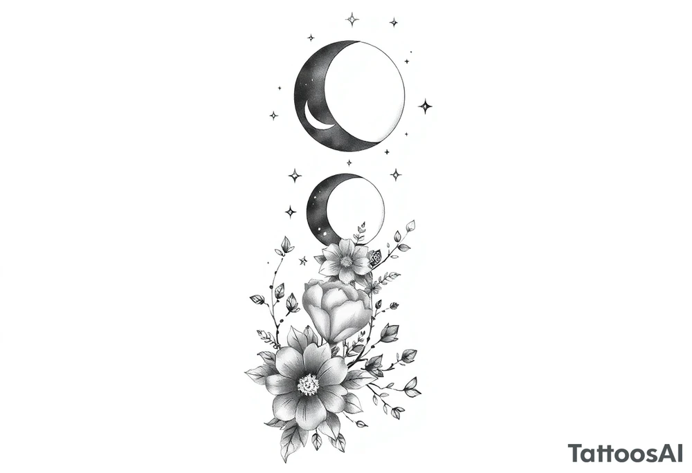 new moon, waxing crescent, first quarter, waxing gibbous, full moon, waning gibbous, last quarter, and waning crescent going down the spine vertically flowers and vines and stars around it tattoo idea