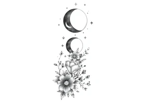 new moon, waxing crescent, first quarter, waxing gibbous, full moon, waning gibbous, last quarter, and waning crescent going down the spine vertically flowers and vines and stars around it tattoo idea