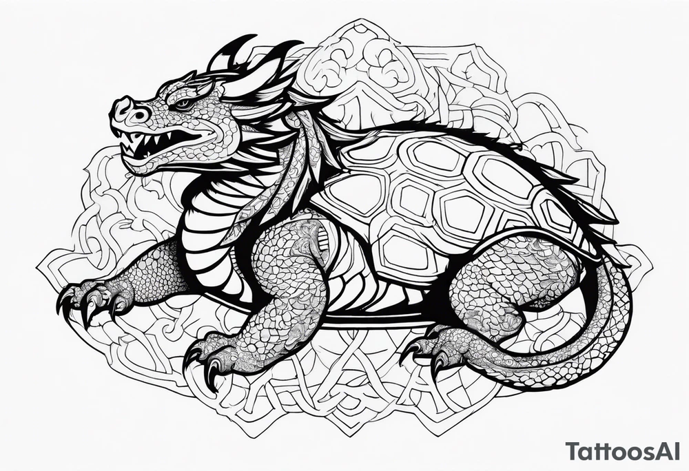an outline of a dragon wrapping around a turtle tattoo idea