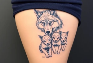 Something to do with a wolf amd 2 cubs 
Mother cub is beaten but on way to recovery whilst baby cubs are in pristine condition happy and not noticing how bad mother wolf is tattoo idea