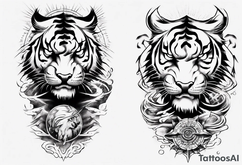 Tiger Warrior sleeve tattoo with lightning and the sun
Forearm sleeve tattoo idea