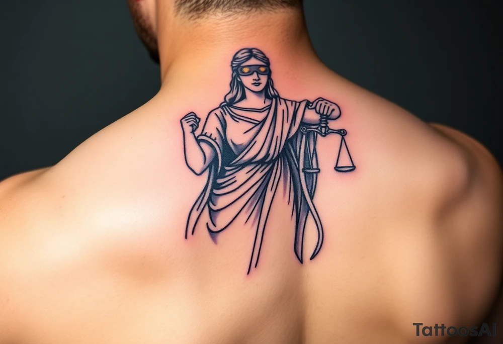 Lady Justice tattoo, holding sword at her side, roman robe, cape, powerful, with blindfold tattoo idea