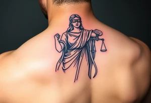 Lady Justice tattoo, holding sword at her side, roman robe, cape, powerful, with blindfold tattoo idea