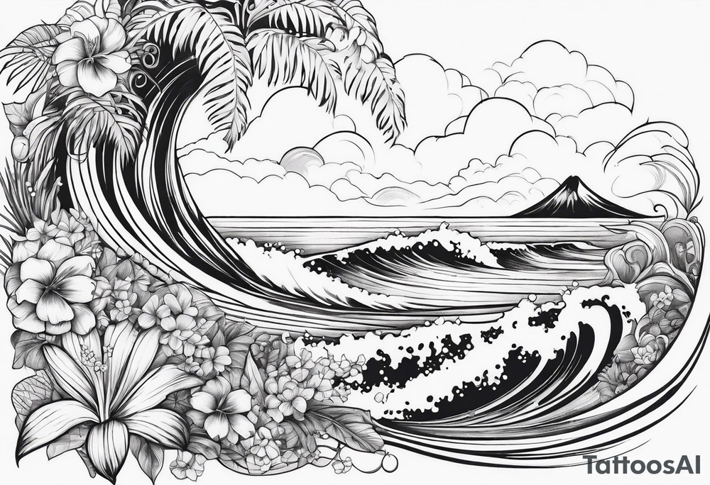 wave,, flower, palm, sea animal tattoo idea