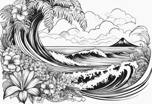 wave,, flower, palm, sea animal tattoo idea