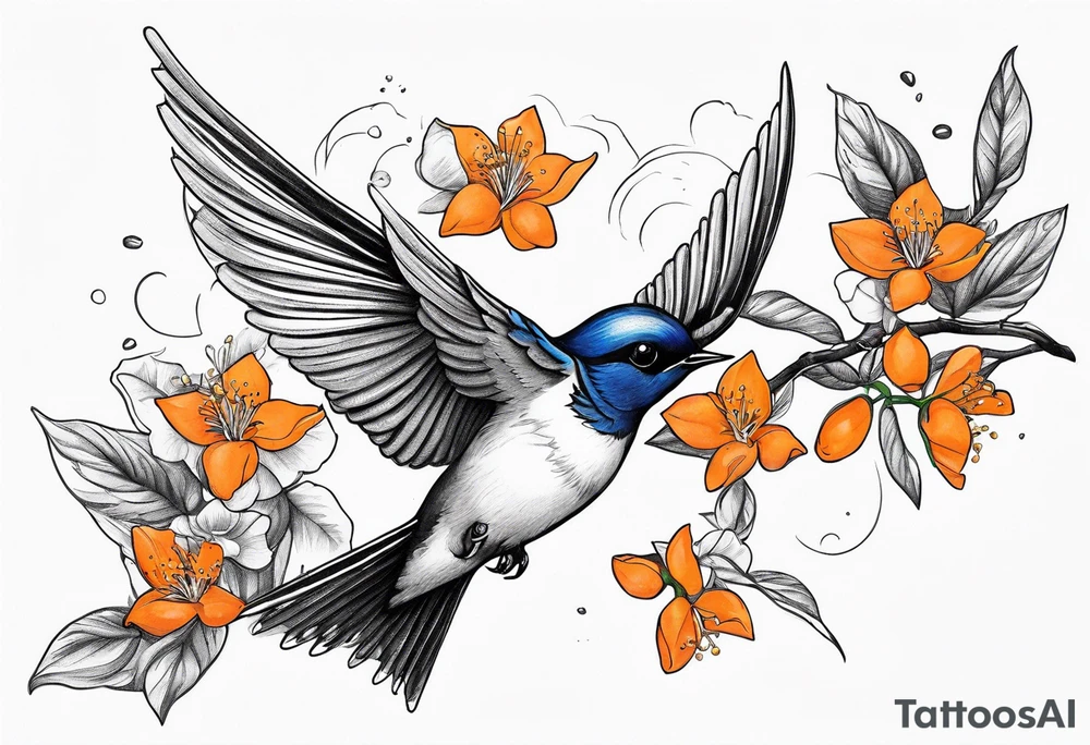 swallow flying off of branch with orange blossoms tattoo idea