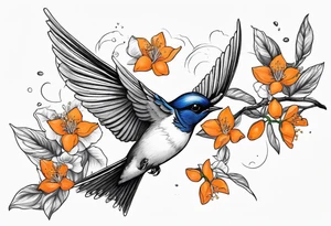 swallow flying off of branch with orange blossoms tattoo idea