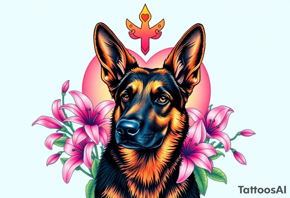 realistic german shepherd with alert ears looking protective surrounded by pink lilies with leaves in front of a sacred heart tattoo idea