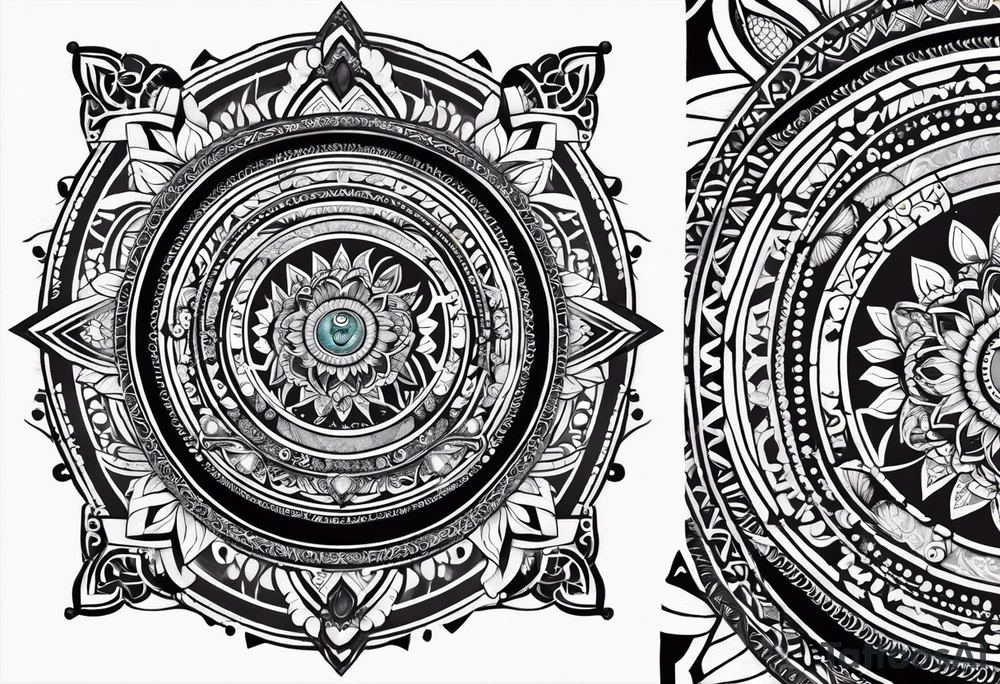 Spiritual mandala tattoo sleeve with 444, eye of Horus, tree of life and butterflies tattoo idea