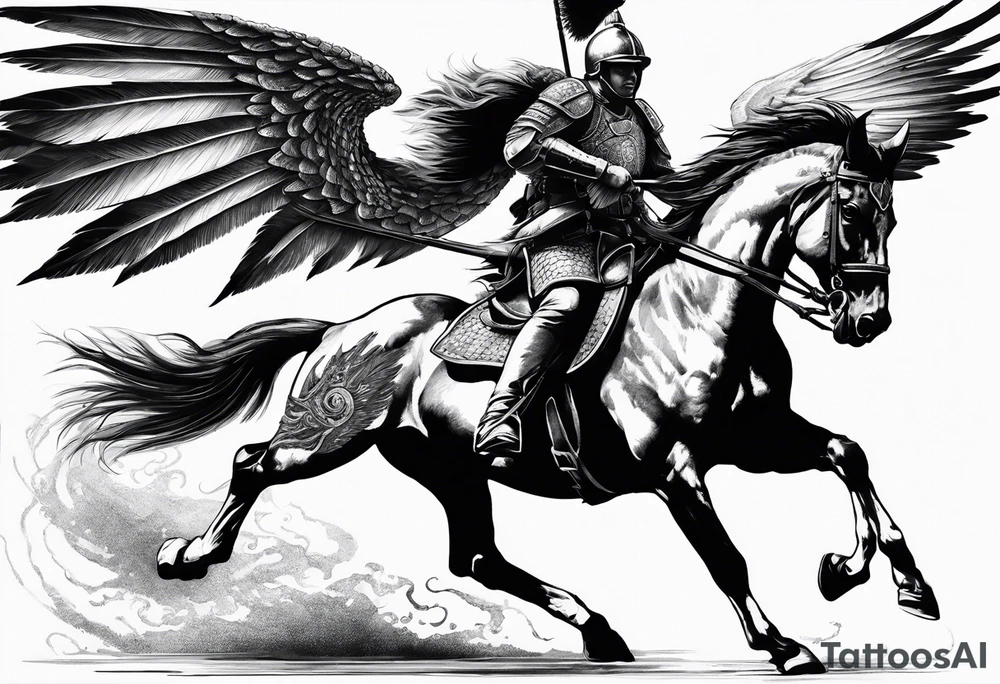 Polish Hussar Cavalry Soldier Rushing towards enemy, wings turned into dragon wings, charging with a spear that breaths fire tattoo idea