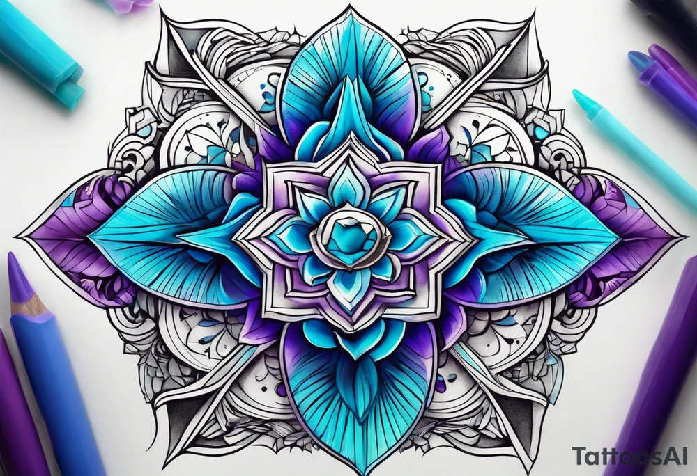 Ampulheta astrológica com detalhes geométricos e uma areia colorida em tons degradê de azul, turquesa e violeta tattoo idea