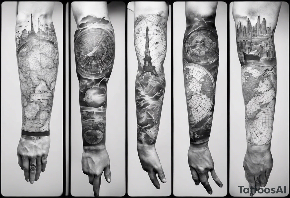 full arm tattoo for man with images of maps and travel and science tattoo idea