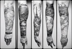 full arm tattoo for man with images of maps and travel and science tattoo idea
