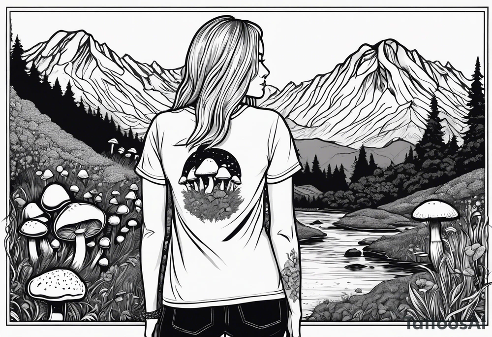 Straight long blonde hair hippie girl in distance holding mushrooms in hand facing away toward mountains and creek surrounded by mushrooms tee shirt and hiking pants tattoo idea
