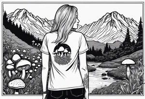 Straight long blonde hair hippie girl in distance holding mushrooms in hand facing away toward mountains and creek surrounded by mushrooms tee shirt and hiking pants tattoo idea
