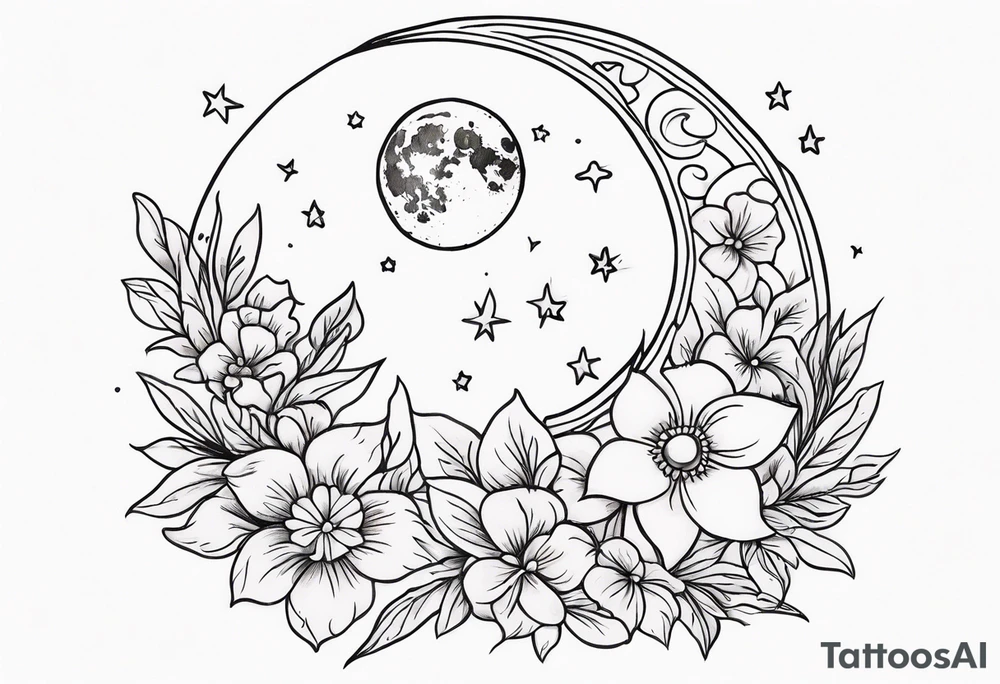 Moon stars flowers tattoo idea