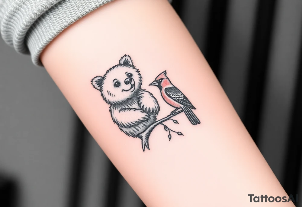 A bear, woodpecker and cardinal tattoo idea