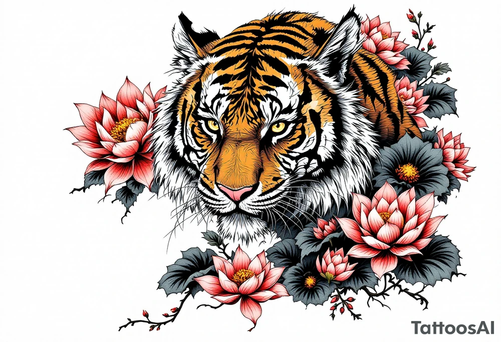 Tiger covered in lotus flowers tattoo idea