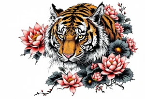 Tiger covered in lotus flowers tattoo idea