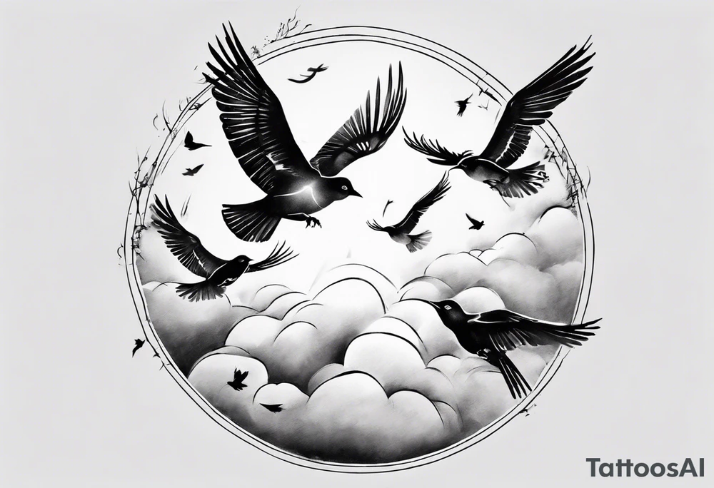 shoulder tattoo with light rays with birds flying free among the clouds, round shape tattoo idea shoulder tattoo with light rays with birds flying free among the clouds, round shape tattoo idea