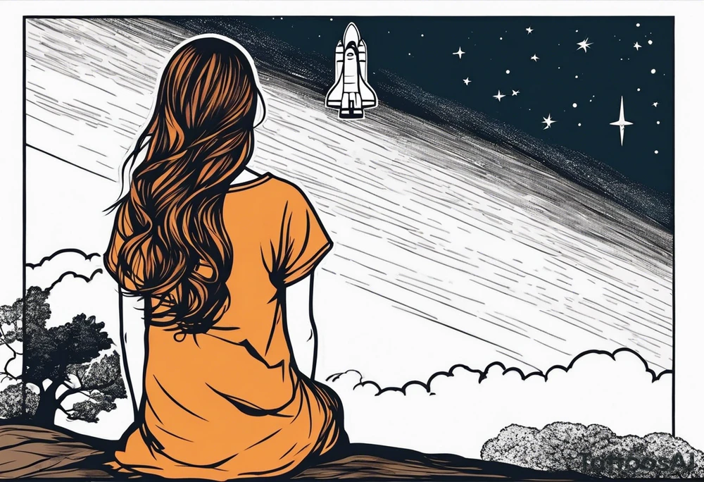 back of small girl in dress with long hair sitting on a tree branch watching a space shuttle launch in the distance tattoo idea