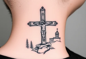 Traditional orthodox ICXC Christian cross with Jesus Christ on the cross also with the foot rest part of the cross in a Russian wilderness Kremlin setting tattoo idea