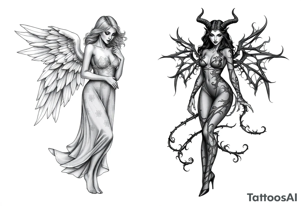 🔥 Dual Tattoo Concept: Angel & Demon – Sexy and Symbolic

Left Side – Angel (Engelin):
A sensual, barefoot angelic woman with soft, flowing hair and serene, open eyes gazes downward with calm strength. Her wings are large, feathered, and gracefully arched. She wears an elegant gown made of delicate, nature-like textures, blending floral and leaf motifs across her bodice and arms. The long dress flows like wind-swept silk, giving a sense of movement and grace. Her posture exudes calm power and divine femininity. She is barefoot, standing lightly as if floating—symbolizing purity, serenity, and grounded spirituality.

Right Side – Demoness (Teufelin):
A striking, seductive demoness with high heels and a confident stance radiates dark power and fierce sensuality. Her body is wrapped in an organic, flame- and thorn-like armor that clings to her form. Her skin appears almost sculpted with dark ornamental patterns. She has sharp horns, long hair, bat-like wings with torn edges, and a long, sinuous tail curling around her leg. Her expression is bold and alluring, eyes closed as if relishing her power. She stands tall in spiked heels, embodying chaos, desire, and strength.

⸻

🌓 Tattoo Style Suggestions:
	•	High-detail black-and-grey realism
	•	Placement: back piece, thighs, or dual shoulder blades
	•	Themes: Good vs Evil, Light vs Dark, Feminine Duality, Temptation vs Grace tattoo idea