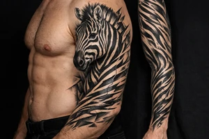 Realistic zebra head emerging from chest, stripes flowing onto arm. tattoo idea
