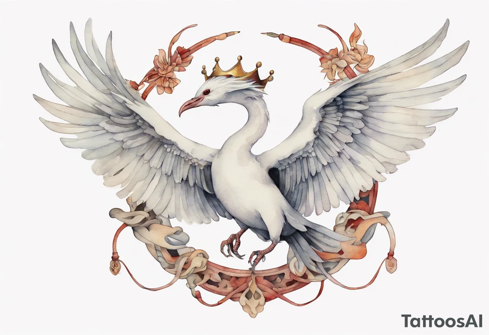 a watercolor of a white bird-serpent hybrid wearing an iron crown, flying tattoo idea
